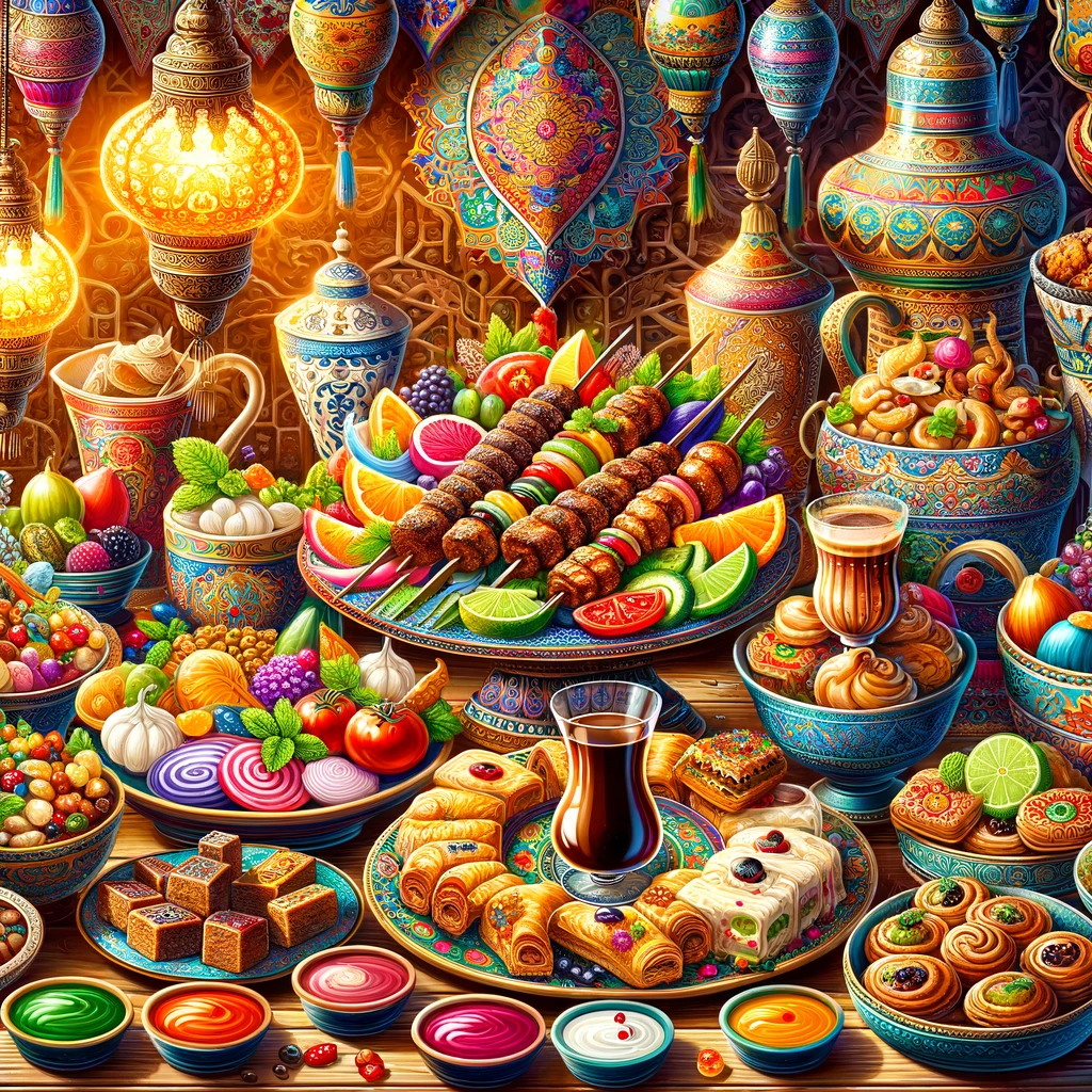 "Traditional Turkish cuisine spread featuring Halep Kebab, various mezes, baklava, and Turkish coffee"