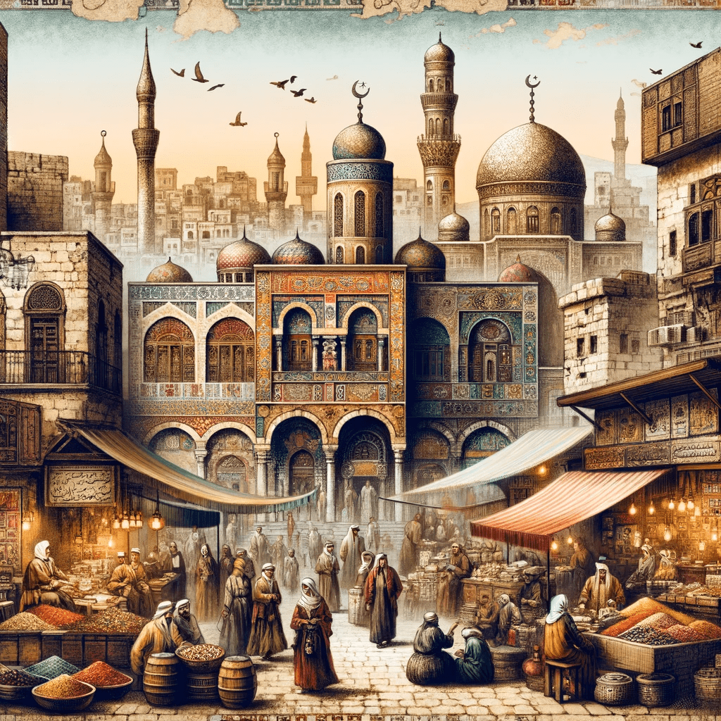 Artistic representation of the historic city of Aleppo, symbolizing the origins of Halep Kebab