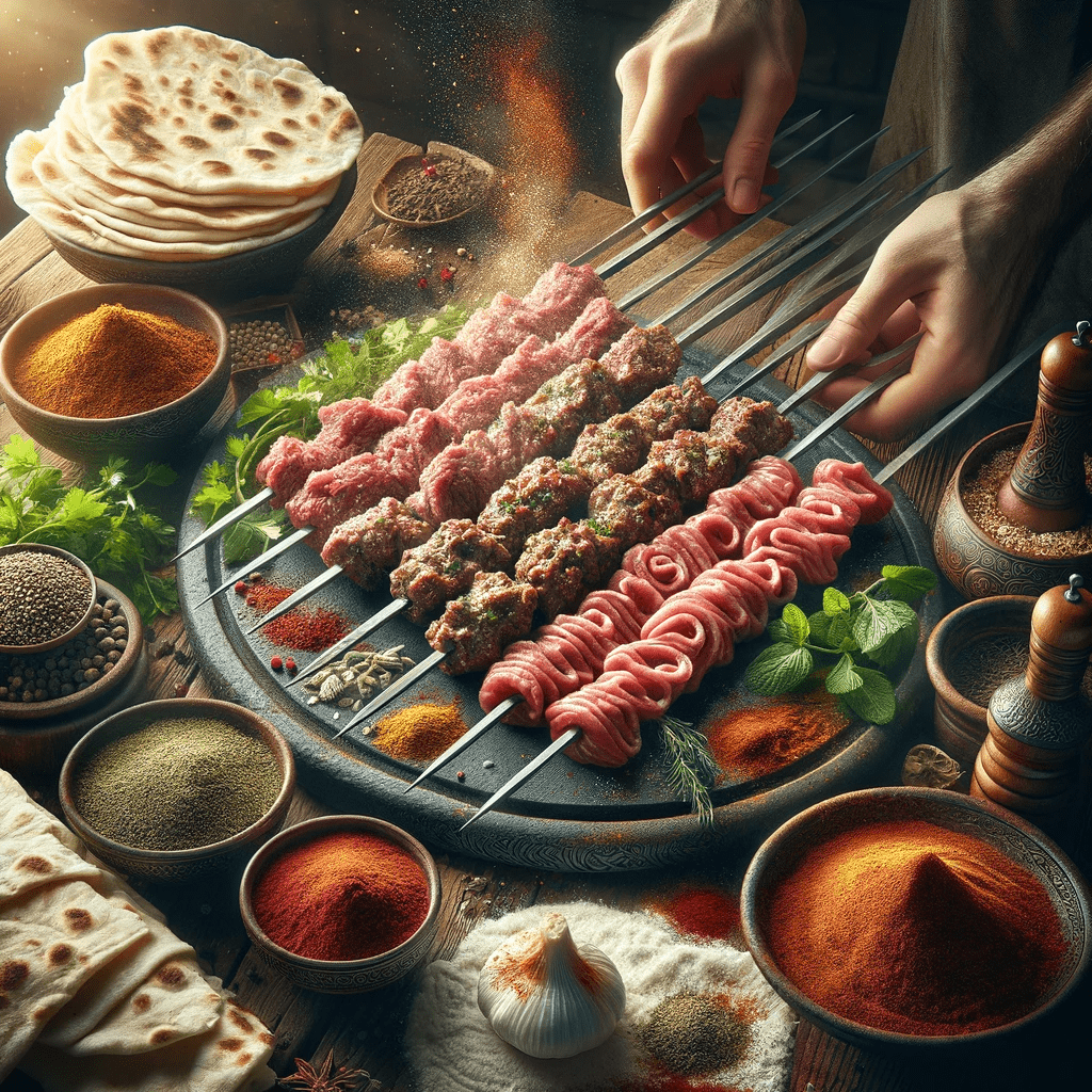 Detailed view of ingredients and preparation of Halep Kebab in a traditional Turkish kitchen