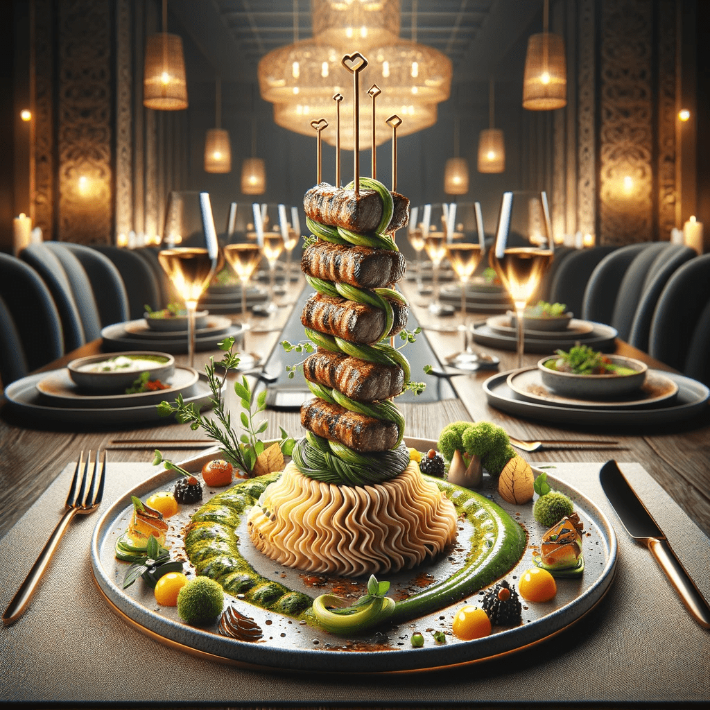 An image showcasing the evolution of Halep Kebab in modern Turkish cooking, with a focus on fusion flavours and artistic plating
